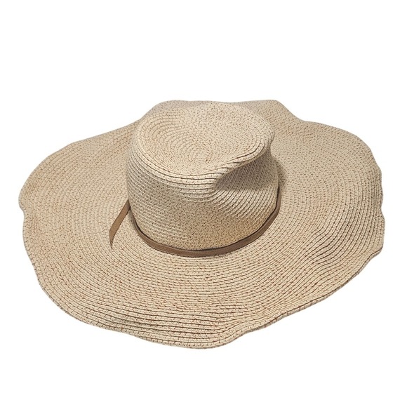 Luisa Spagnoli Wide Brim Straw Hat Beige Brown Accents - Picture 3 of 8
